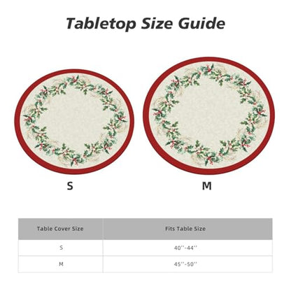 Christmas Round Tablecloth 44 Inch Fitted Holiday Cover with Elastic Edge - Green & Gold Leaf