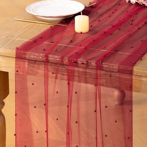 DeZerlor Red Pearl Table Runner for Christmas Party Decor - 1 Pack