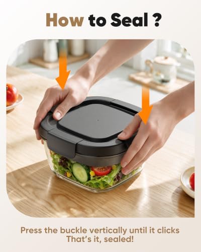 Black Glass Salad Container 56oz with Airtight Lid and Toppings Tray