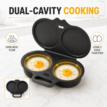 Dual Cavity Microwave Egg Poacher with Lid & Handle - Black, 2 Eggs, Nonstick
