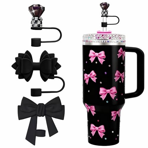 Black 3Pcs Tumbler Straw Toppers for Stanley Cup 30/40oz - Diamond & Bow Design