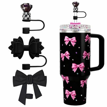 Black 3Pcs Tumbler Straw Toppers for Stanley Cup 30/40oz - Diamond & Bow Design