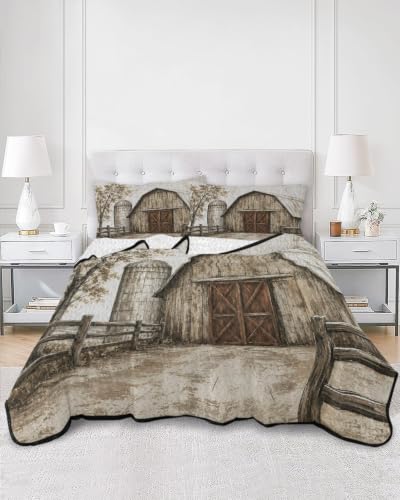 Brown Farmhouse Wood Barn Quilts Twin XL Comforter Set - Rustic Vintage Bed Bedding