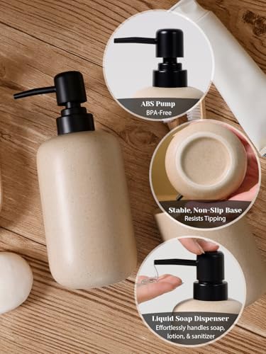 Ceramic Bathroom Accessory Set with Soap Dispenser Toothbrush Holder Tray Beige
