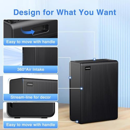 MOOKA HEPA Air Purifier for Large Rooms Up to 2000ft² Black - Washable Filter, Auto Mode