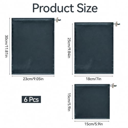 Dark Green Satin Toy Storage Bags 6 Pcs Drawstring Pouch Set in 3 Sizes