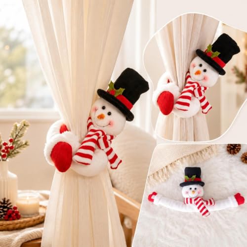 Christmas Curtain Tiebacks Set - Black Santa & Snowman Plush Holdbacks