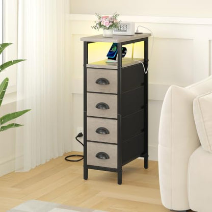 Nightstand Set 2 with Charging Station - Grey, 4 Fabric Drawers & LED RGB Light (Variation: Grey / Power & LED)