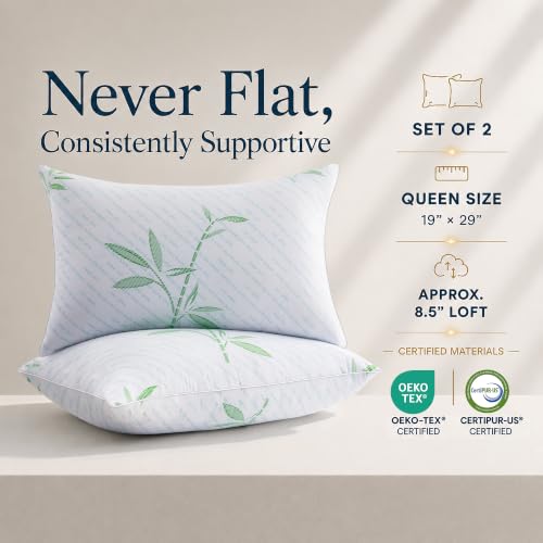 Queen Size Hybrid Cooling Bed Pillows Set of 2 - White, Breathable Bamboo Cover