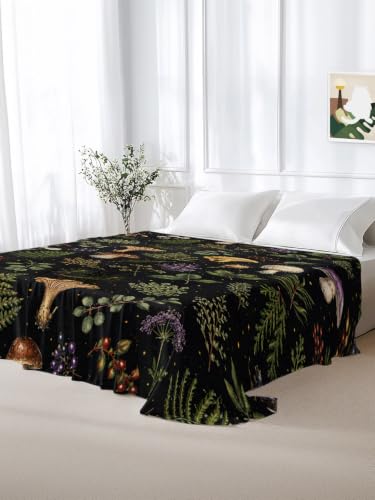 Queen Flat Sheet Mushroom Leaves Microfiber Bed Sheets with Variations - Espresso Brown, Sage Green, Ochre, Tan