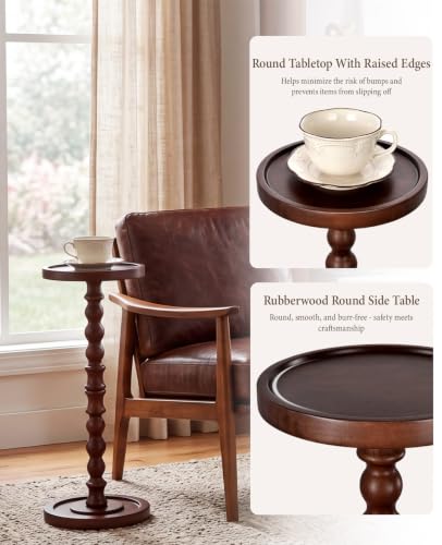 Walnut Small Round Side Table Solid Rubberwood End Table - 9.4W x 23.8H Variation