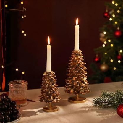 Christmas Taper Candle Holders Set of 2 - Gold Pine Cone Decor for Holiday