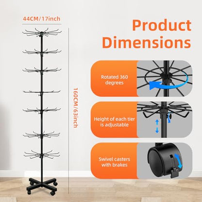 Black 7-Tier Rotating Metal Display Stand Rack with Adjustable Shelves