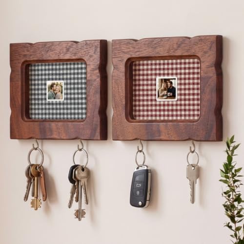 Walnut Wood Picture Frame with Key Hooks Wall Mount Set of 2