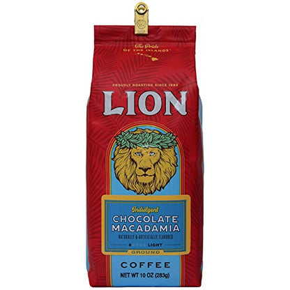 Lion Coffee Chocolate Macadamia Flavored Ground Coffee, Light Roast, Hawaiian Inspired Taste - 10 Ounce Bag