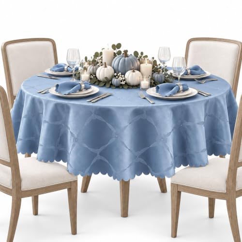 Round Blue Holiday Ribbons and Bows Tablecloth 70 Inch - Damask Fabric