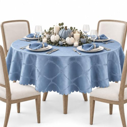 Round Blue Holiday Ribbons and Bows Tablecloth 70 Inch - Damask Fabric