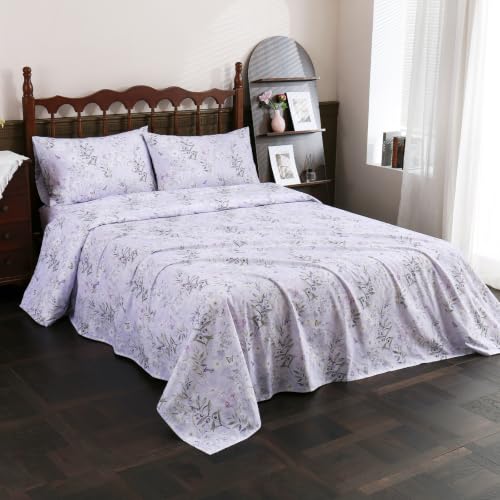 Light Purple Floral Queen Cotton Sheet Set - 4 Piece Percale Bedding