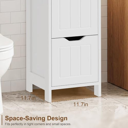 Small Bathroom Storage Cabinet with Drawers & Open Shelf - White - Space-Saving Narrow Design with Farmhouse Style