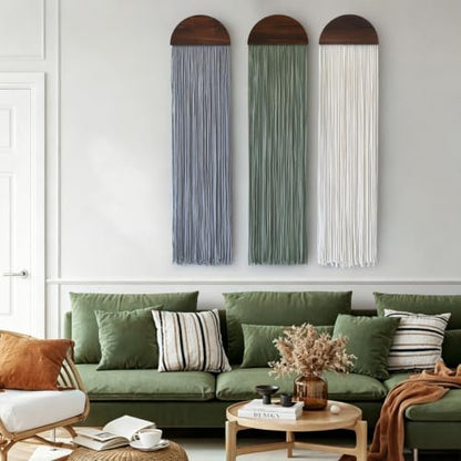 Macrame Wall Hanging Set - Wood Arch Tassel Decor 10x40 Inches, Ivory, Sage Green, Gray