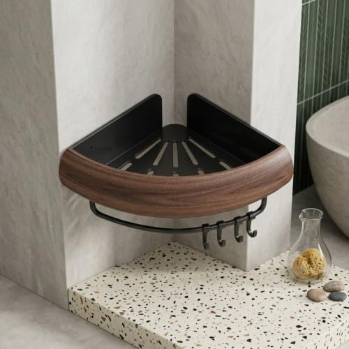 Aluminum Corner Bathroom Shelf with Walnut Finish Wall Mount Storage