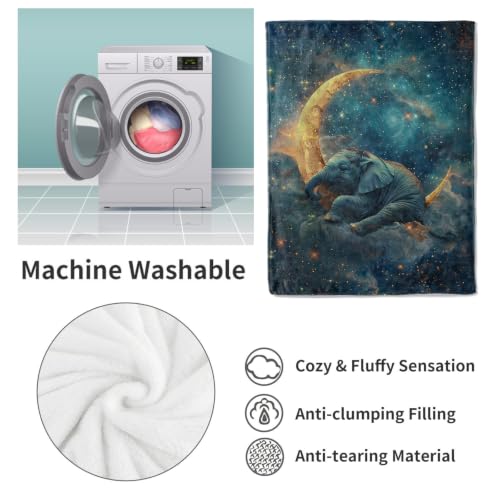 Elephant Moon Star Fleece Blanket 50x60 Inches for Kids & Adults - Cozy Gift