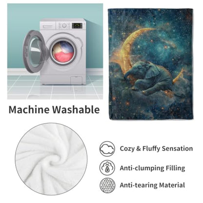 Elephant Moon Star Fleece Blanket 50x60 Inches for Kids & Adults - Cozy Gift