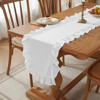 Farmhouse Ruffled Scalloped Table Runner 14 x 118 Inch White - Cotton Decor