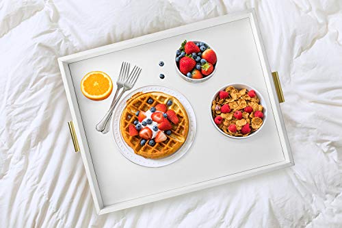 Extra Large Serving Tray with Handles - Faux Leather Storage, White & Gold, 20x16 inches