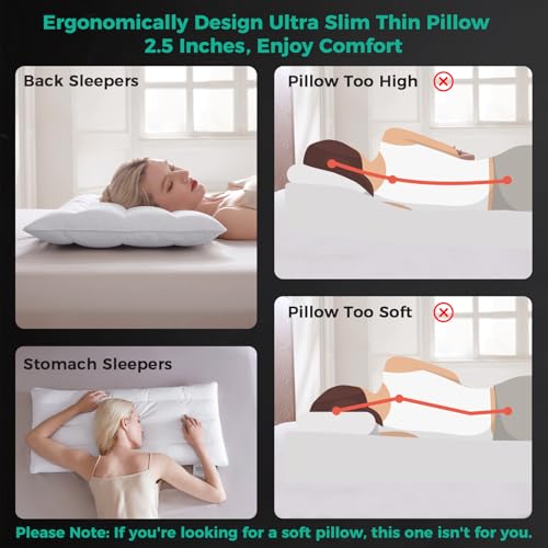 Solid White Goose Down Pillow Set of 2 - 2.5 Inch Thickness, Organic Cotton Cover, Medium Firm Hotel Collection Slim Bed Pillows