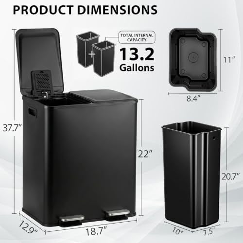 Dual Stainless Steel Kitchen Trash Can 13.2 Gallon with Soft Close Lid