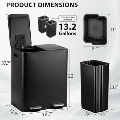 Dual Stainless Steel Kitchen Trash Can 13.2 Gallon with Soft Close Lid