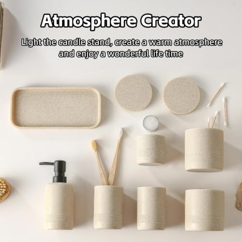 7 PCS Bathroom Accessories Set with Candle Holder & Black Pump Head - Sandstone Look