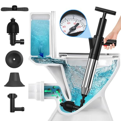 EXPBSYOU Black High Pressure Toilet Plunger with Visual Barometer - Stainless Steel Air Drain Blaster for Clogged Toilets and Drains