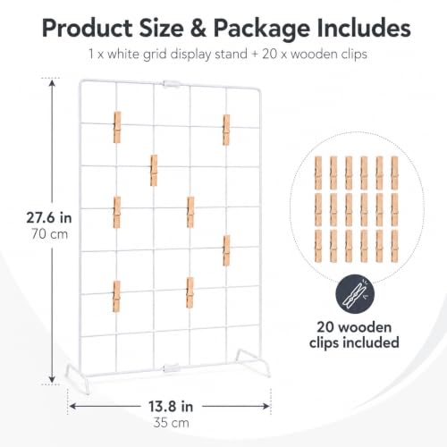 White Metal Wire Display Stand with Wooden Clips for Photos & Jewelry - 27.6 x 13.8 Inches