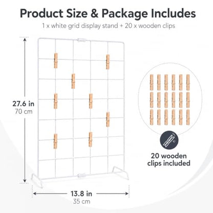 White Metal Wire Display Stand with Wooden Clips for Photos & Jewelry - 27.6 x 13.8 Inches