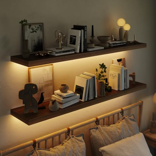 48 Inch LED Floating Wall Shelves Set of 2 - Walnut Wood with Warm Light