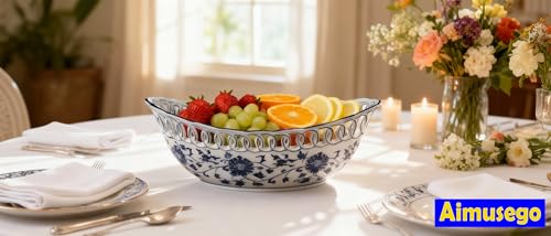 Porcelain Fruit Bowl with Drainage Hollow Design Hand Painted Floral Decor