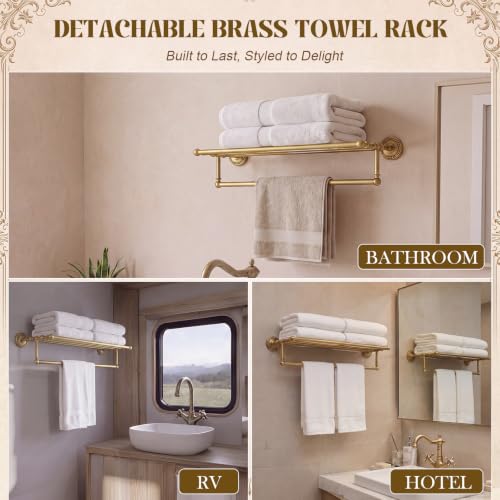 24-Inch Victorian Style Brass Foldable Towel Rack with Hooks - Gold