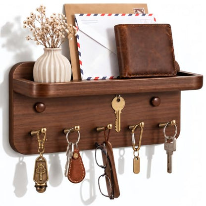 Solid Wood Wall Key Holder with Brass Hooks & Hidden Magnets, Organize Entryway