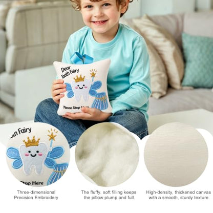 White Tooth Fairy Pillow with Book & Tracking Chart Set for Boys Girls