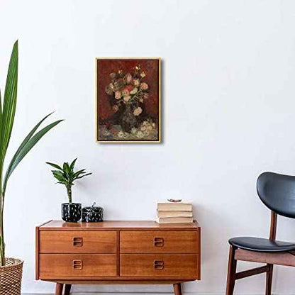 Wieco Art Framed Art Vase with Chinese Asters and Gladioli by Van Gogh Famous Oil Paintings Reproduction Abstract Canvas Prints for Home Decorations Bronze Gold Frame
