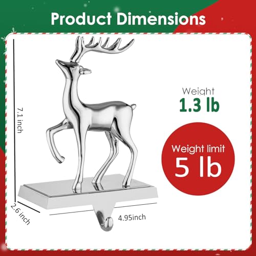 Reindeer Stocking Hangers Set of 2 - Metal Silver Christmas Mantel Hooks