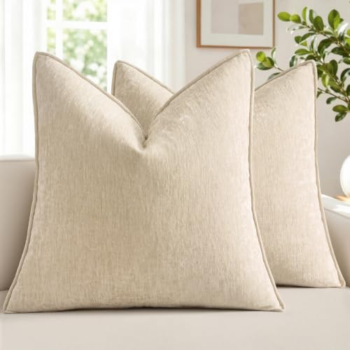Chenille Couch Pillow Covers 18x18 Inch Set of 2 Natural Beige - Soft Durable Home Decor