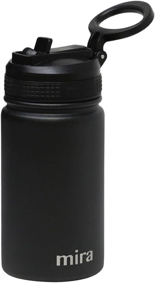 MIRA 12 oz Insulated Water Bottle - Leak-Proof Stainless Steel with Straw Lid for Travel & Gym - Black
