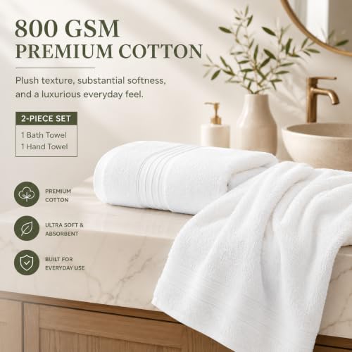 White 800 GSM Cotton Bath Towels 2 Pack - Ultra Soft & Absorbent