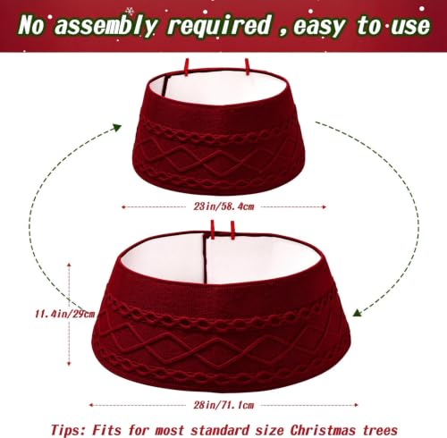 Christmas Tree Collar Xmas Tree Skirt Red Knit Base Cover with Clips