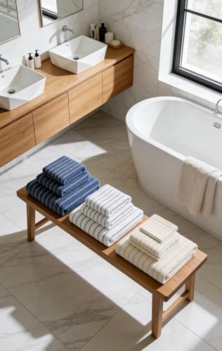White Cotton Bath Towel Set with Yellow Stripes - 3-Piece Bathroom Linen