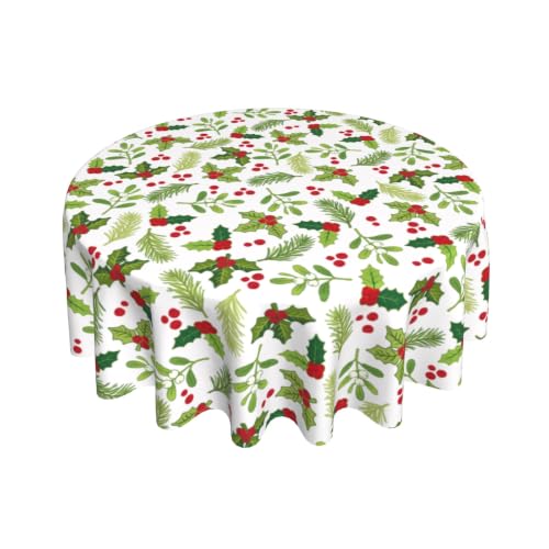 Xmas Holly Round Tablecloth 60 Inch for Indoor Outdoor Holiday Decor - Holly Mistletoe