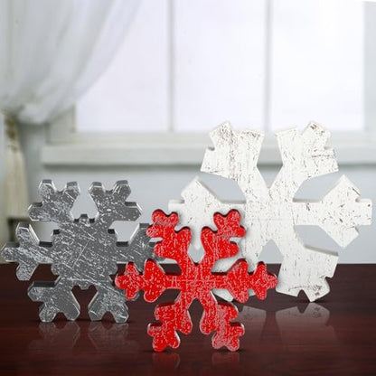Wooden Snowflake Decor Set - Christmas Winter Holiday Ornaments - Gray & Red, Antique Style